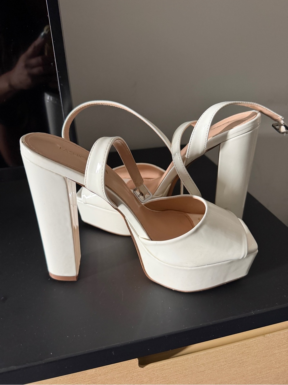Fashion Nova White Patent Platform Block Heels